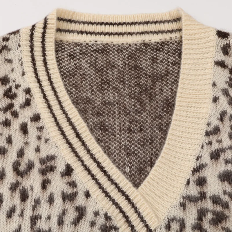 Осень-зима, новая Корейская версия, Леопардовый свободный свитер с v-образным вырезом, жилет, вязаный жилет, женский осенний наряд, пальто большого размера