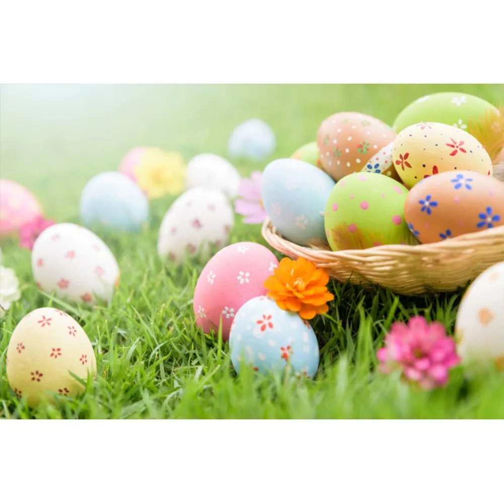 Laeacco Happy Easter Flowers Color Eggs Lawn Baby Natural Scene Photography Backgrounds Photographic Backdrops For Photo