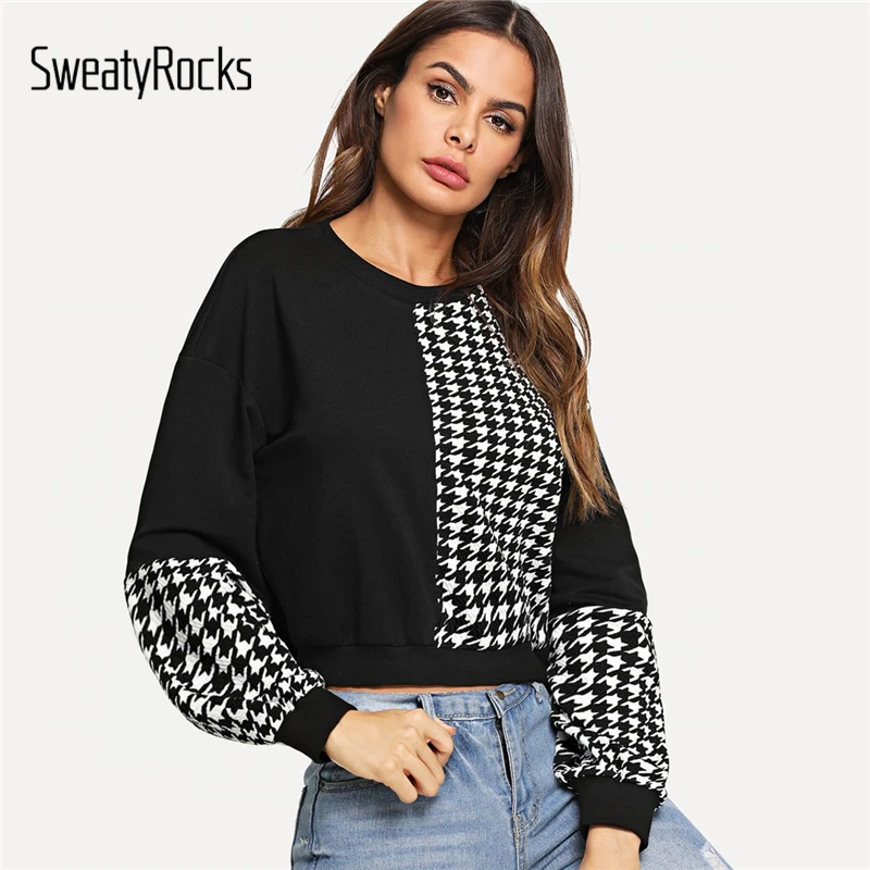 

SweatyRocks Black and White Cut And Sew Crop Sweatshirt Women Clothes Long Sleeve Pullovers Autumn 2018 Stretchy Sweatshirts