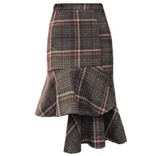 Новая Осенняя Женская Офисная шерстяная юбка, нестандартная клетчатая юбка рыбий хвост, юбки для женщин, OL Hip посылка, шерстяная юбка с оборками