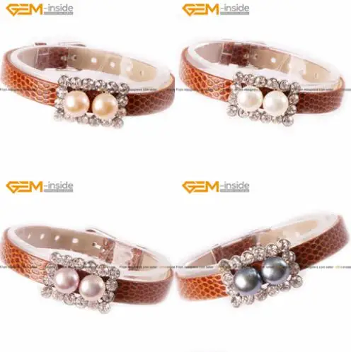  Pearl Bracelet Rectangle Gold Plated Black Leathe...