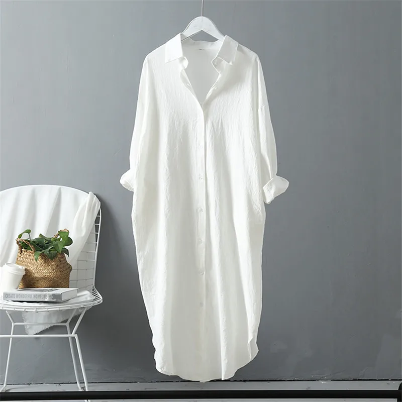 

Autumn Cotton Linen Blouse Shirt 2019 Casual Long Sleeve Long Shirt Dress Women Long Tops Female White Shirt Blouse Plus Size