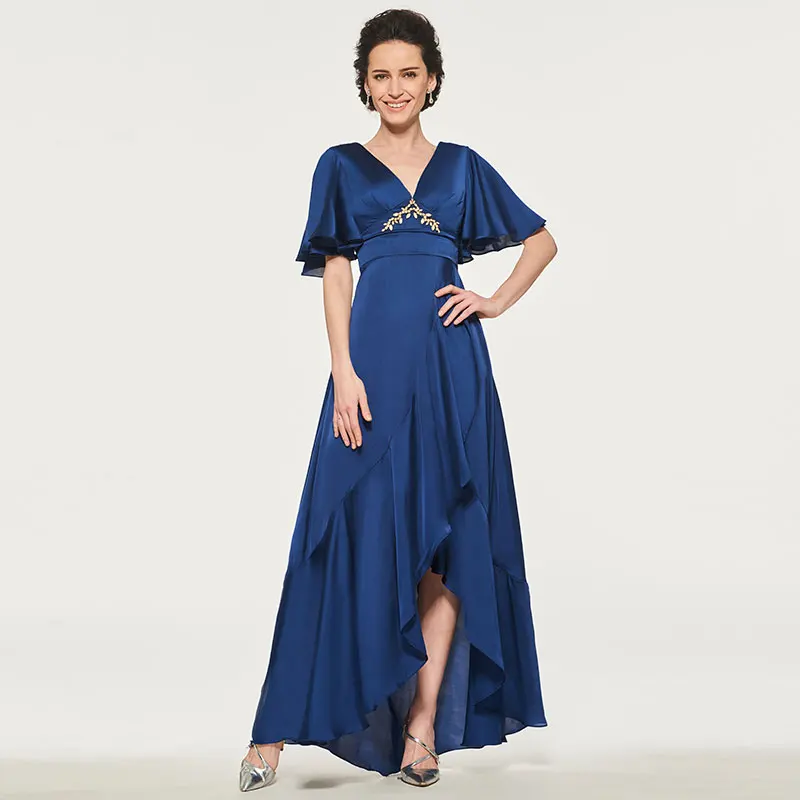 

Tanpell long evening dress beading zipper up short sleeves floor length a line gown women celebrity custom formal evening dress
