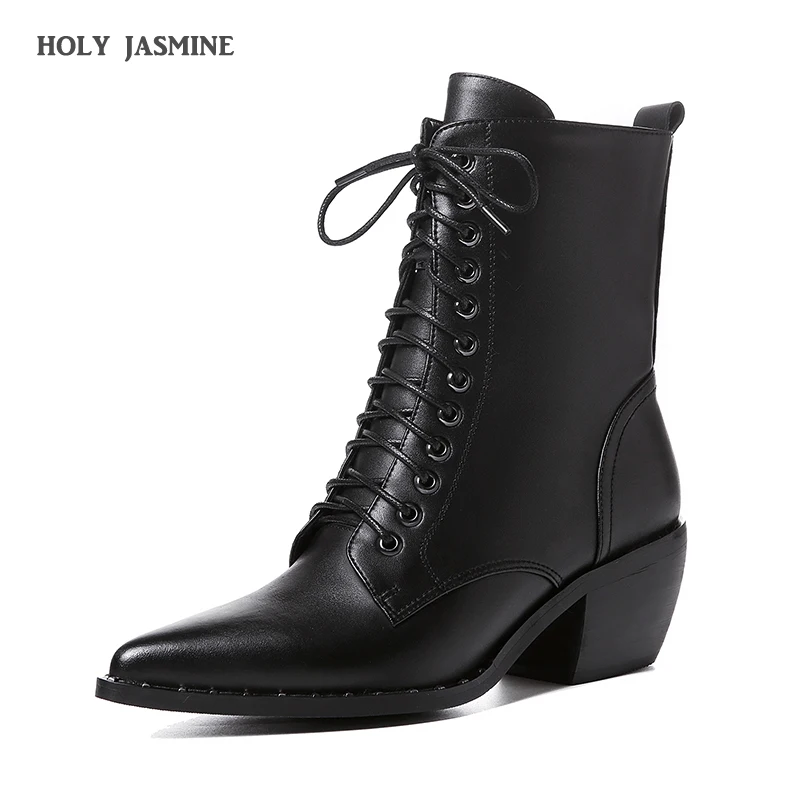 

2019 Autumn Fashion Genuine Leather Ankle Boots for Women Strappy Cut Out Straps High Heels Motorcycle Martin Black Boots Shoes