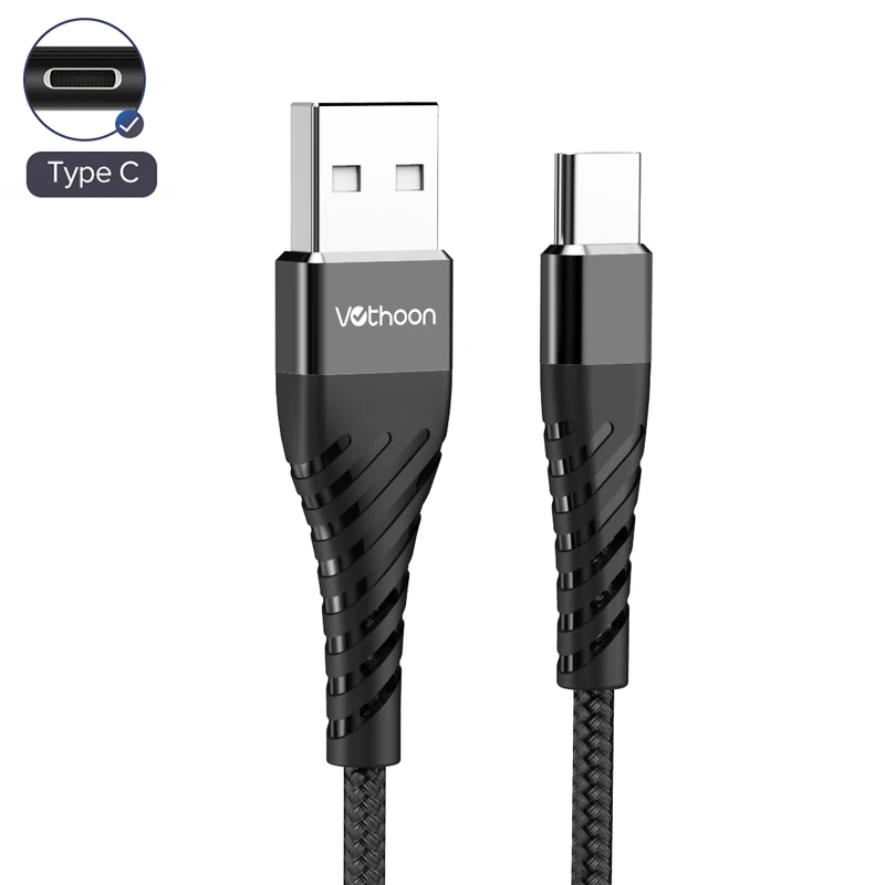 Vothoon Тип usb C 3A кабель быстрое зарядное устройство QC 3,0 Для Xiaomi Mi9 Mi8 samsung S10 S9 Plus Note 9 Быстрый зарядный кабель для зарядки телефона - Цвет: Black