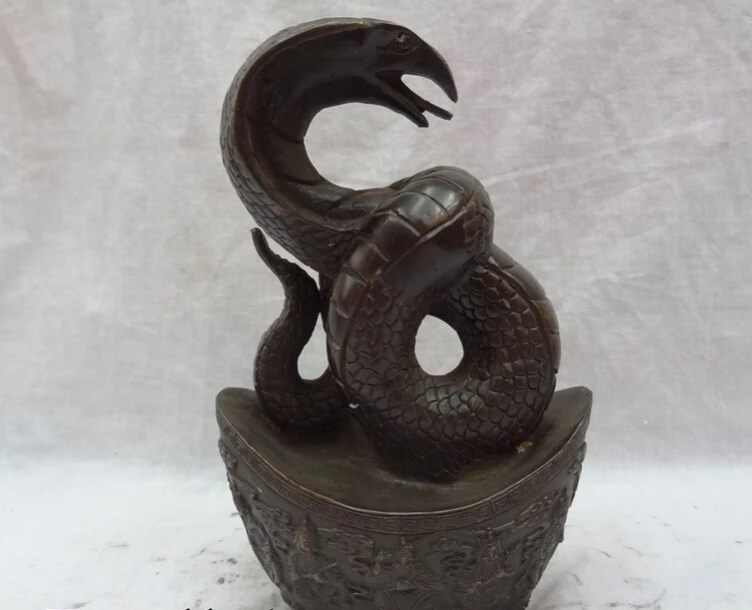

S3532 8" Chinese Bronze Snake Serpent On Dragon Money YuanBao 5 Mammon God Statue D0317