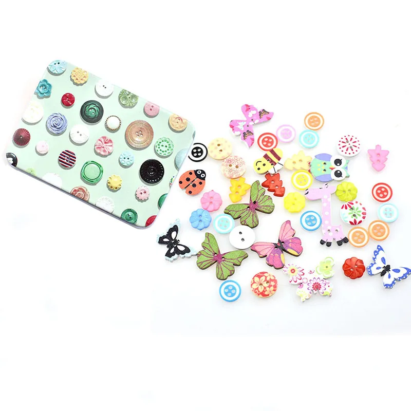 

Retro Iron Box Sewing Kit Tool Scrapbooking Sewing Toggle Wood Buttons Pack Sewing Equipment Accessories Button Box BT012
