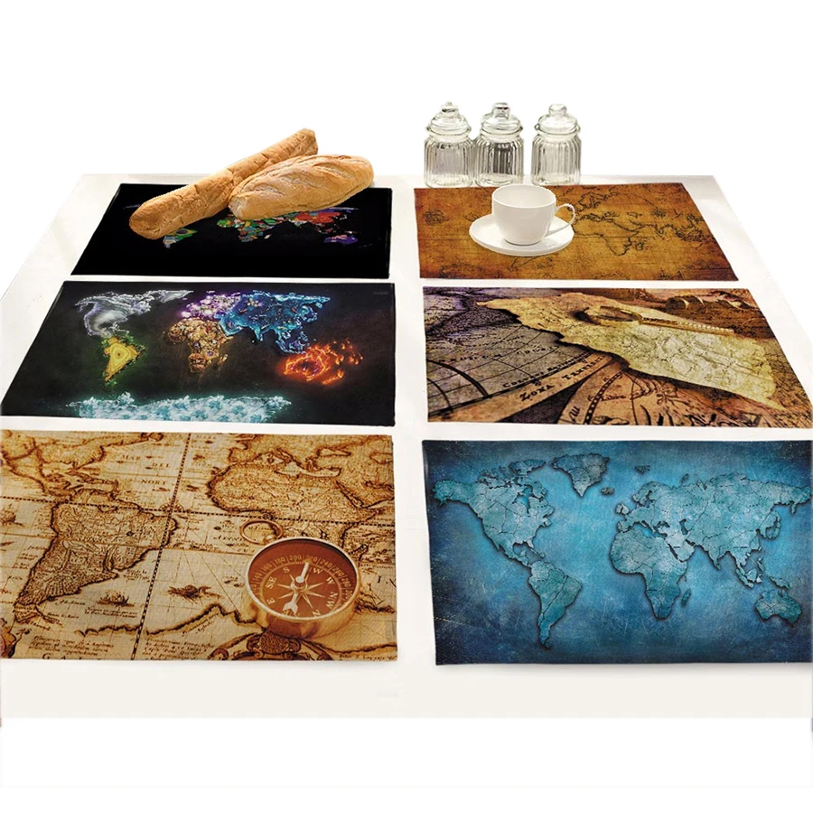 Навигационная карта мира, печатные коврики для обеденного стола, хлопок, лен, ткань, художественные кухонные салфетки, подставка для напитков