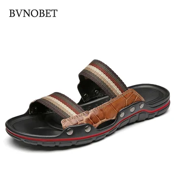 

BVNOBET New Brown Men Slippers Vintage Genuine Leather Mens Flip Flops Anti-Slip Beach Sandals Shoes For Men Big Size 45 46 47