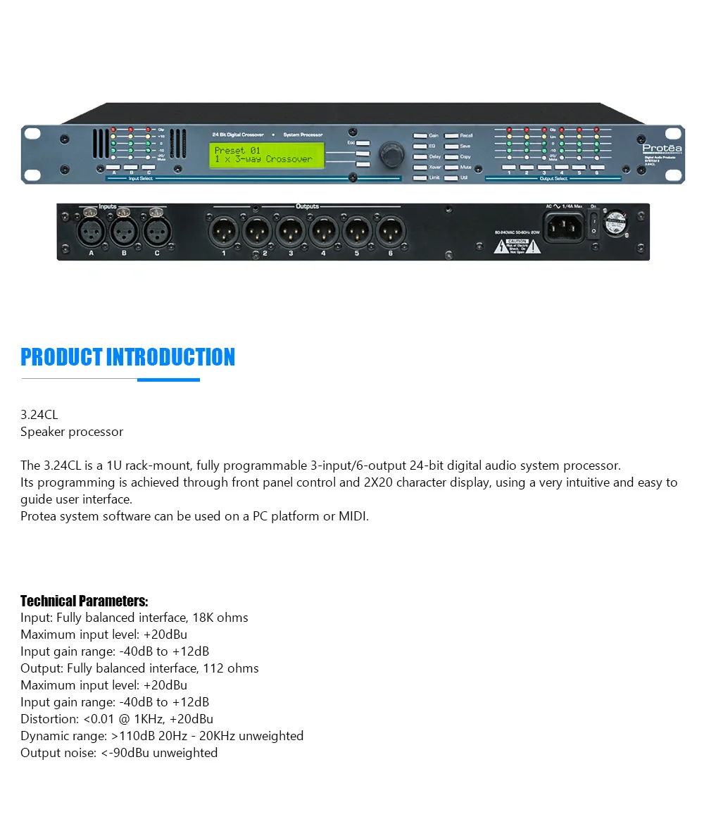 Динамик процессор 3.24CL представляет собой 1U-стоечный сервер полностью программируемые 3-вход/6-выход 24 бит цифровой аудио системы Процессор