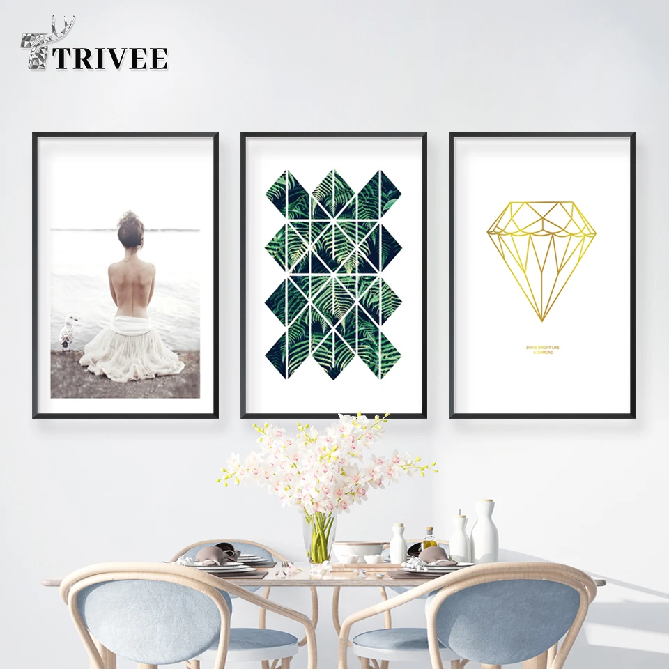 

Diamond Canvas Wall Art Printed Paintings Tropical Leaves Girl's Back Wall Decor Pictures For Home Girls Room Decoration
