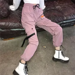 Штаны для бега карго с вышивкой Женские брюки с высокой талией розовые свободные брюки с большими карманами для женщин 2019 модные