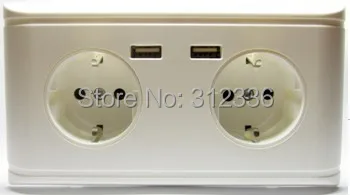 Free Shipping Germany socket type four circle Holes 250V 16A 2 USB DC 5V 2000mA white panel wall Socket Germany style popular