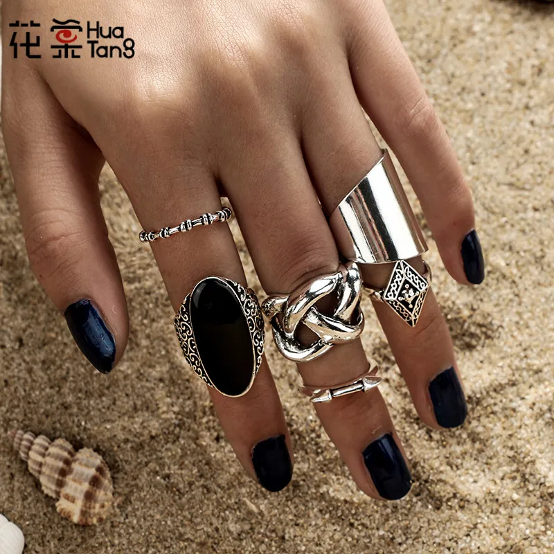 

HuaTang Fashion 6Pcs/Set Punk Silver Color Knot Arrow Geometric Black Stone Ring Set Rings For Women Middle Finger Rings 3450