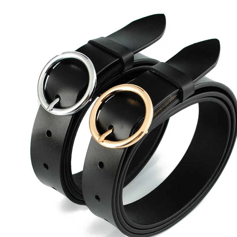 

Black Genuine leather belts for women silver pin buckle belt thin soft cowskin jeans students gold round buckles waistbands gift