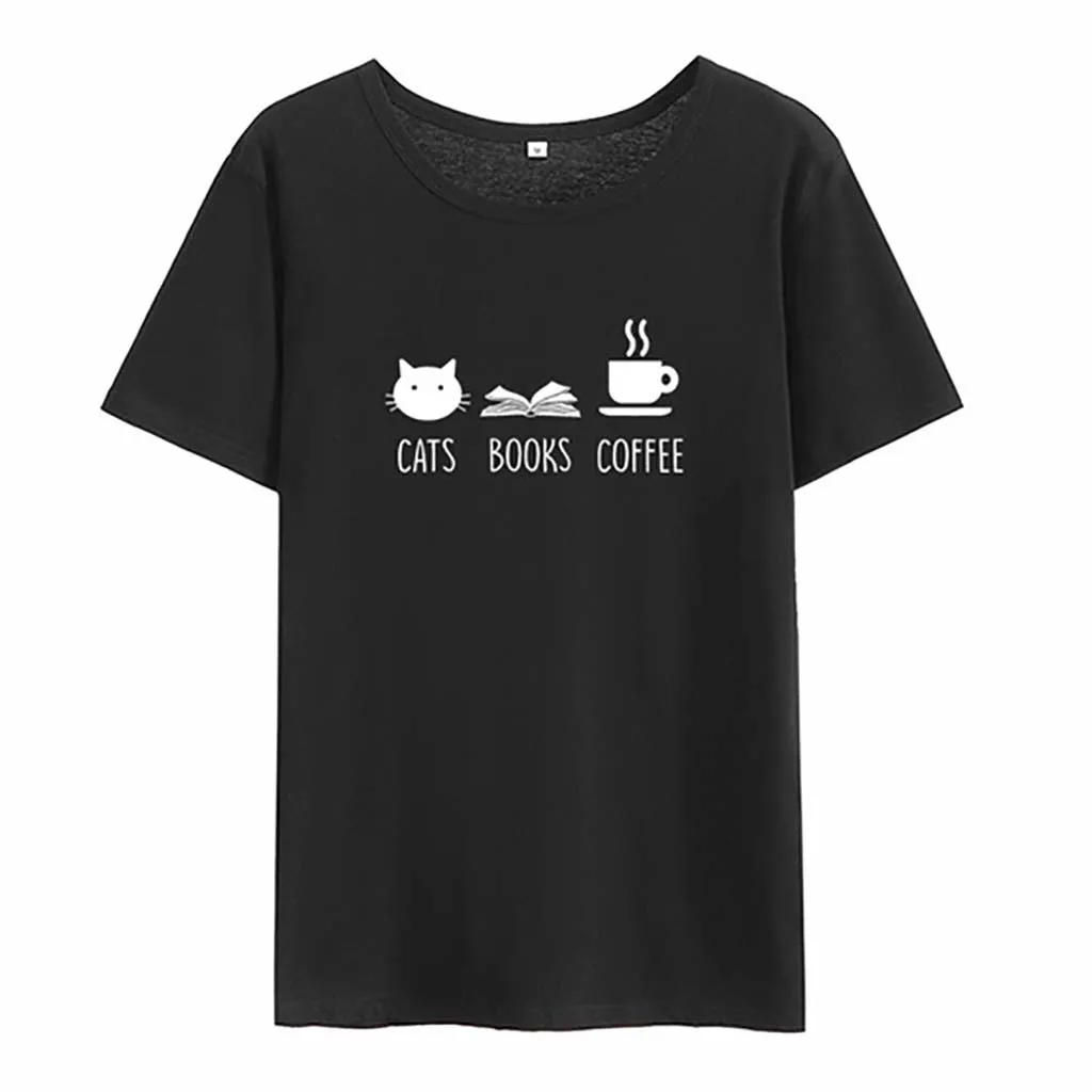 Harajuku женская футболка кошка день чай короткий рукав с круглым вырезом на лето топы корректирующие Vetement Femme плюс размеры дешевая одежда для женщин - Цвет: Black