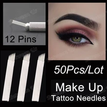 50PCS/Lot White Blades 12 Pins Bevel Tattoo Needles Permanent Makeup Eyebrow Embroidery Blades For Microblading Manual Tattoo