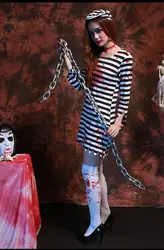 Бесплатная доставка Хэллоуин Косплэй в полоску vamprie заключенных костюм для девочек Кепка с платье