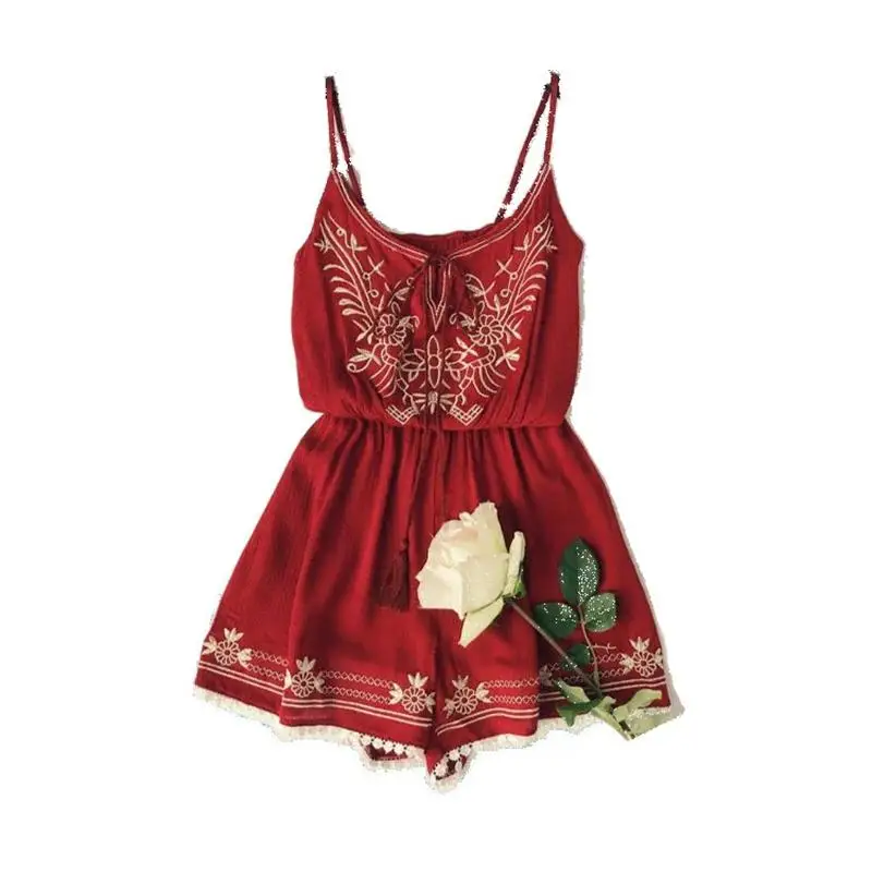 Ropa de verano para mujer, mono Sexy bordado con cuello en V, mono con cordones y piernas anchas, estilo playero
