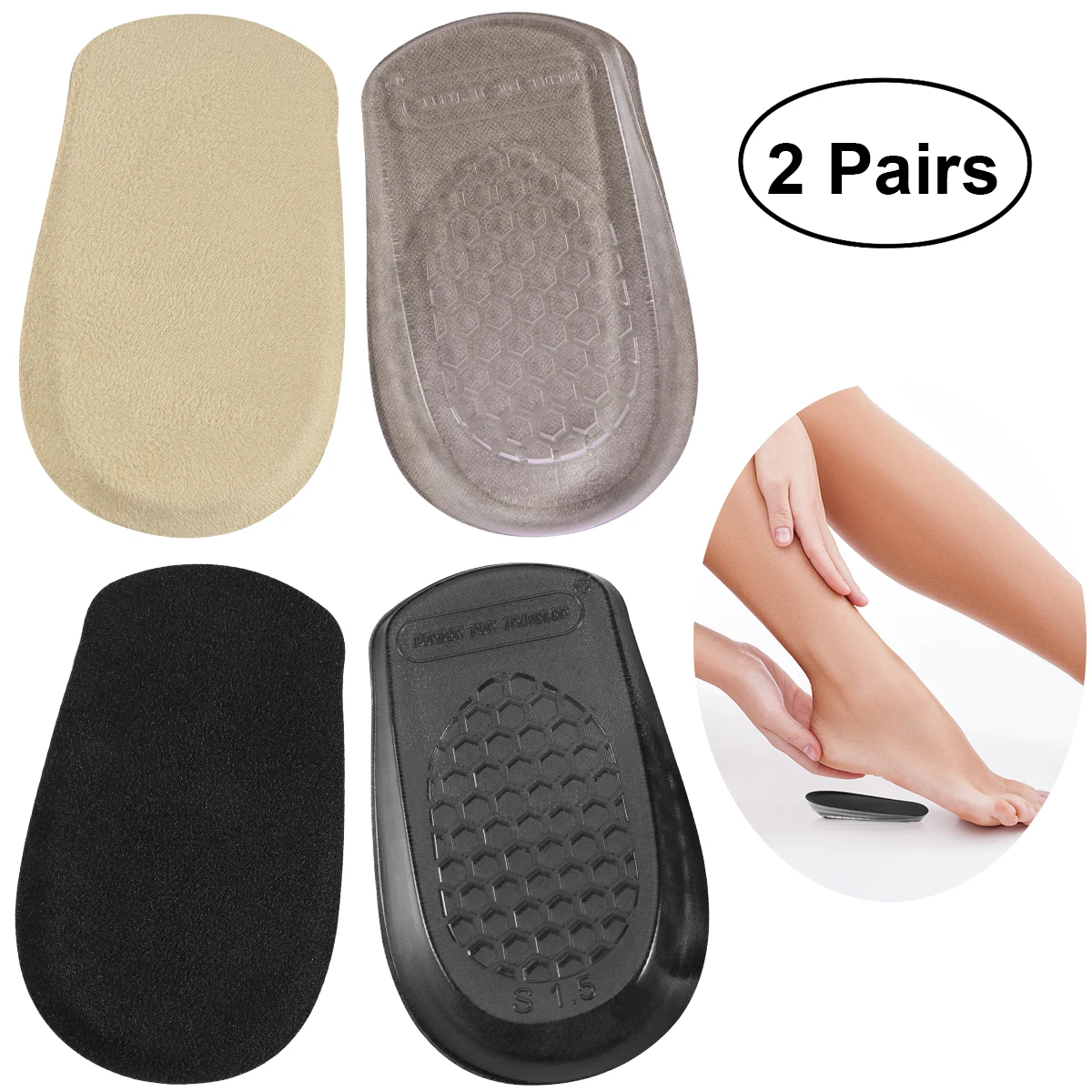 2 Pairs of Heel Cups Gel Shoe Lift Height Insoles Half Inserts Self