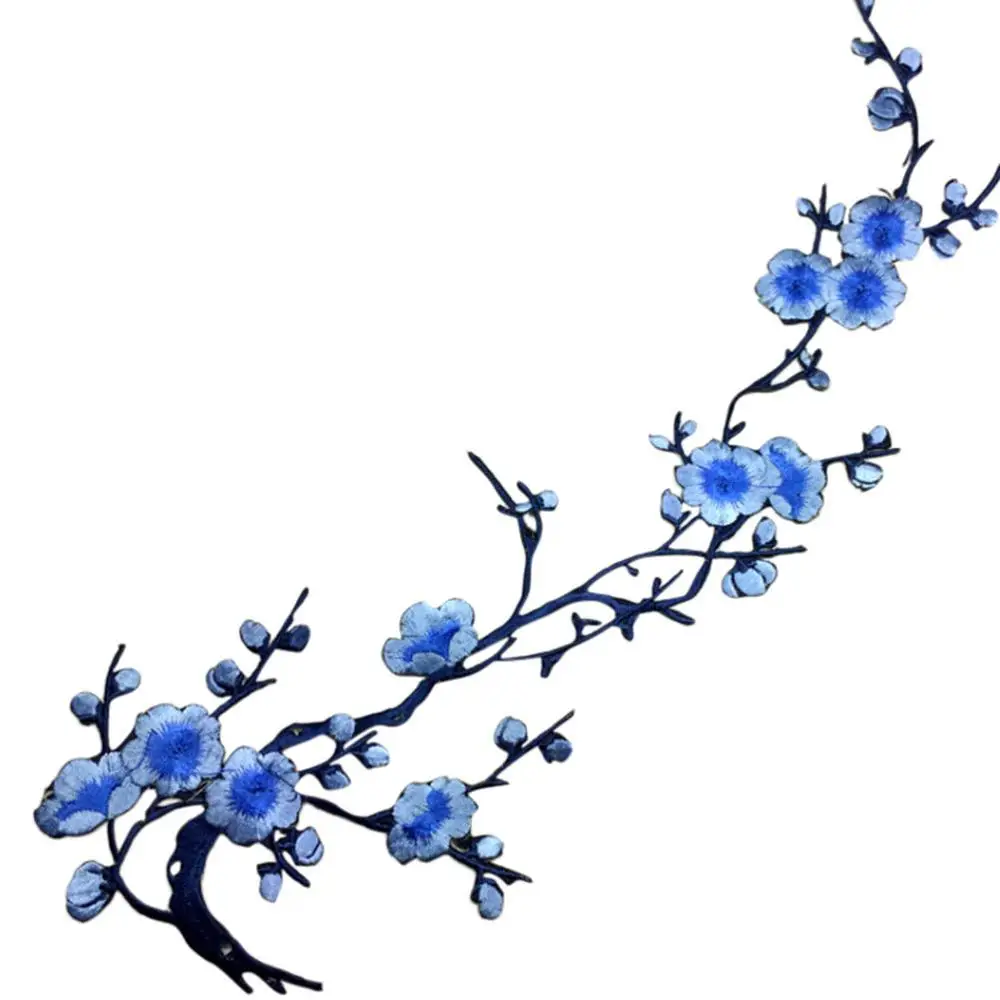 Вышитый цветок сливы аппликация Одежда Вышивка патч вишня Блестки ткань наклейка Железная На пришить патч ремесло - Цвет: Blue