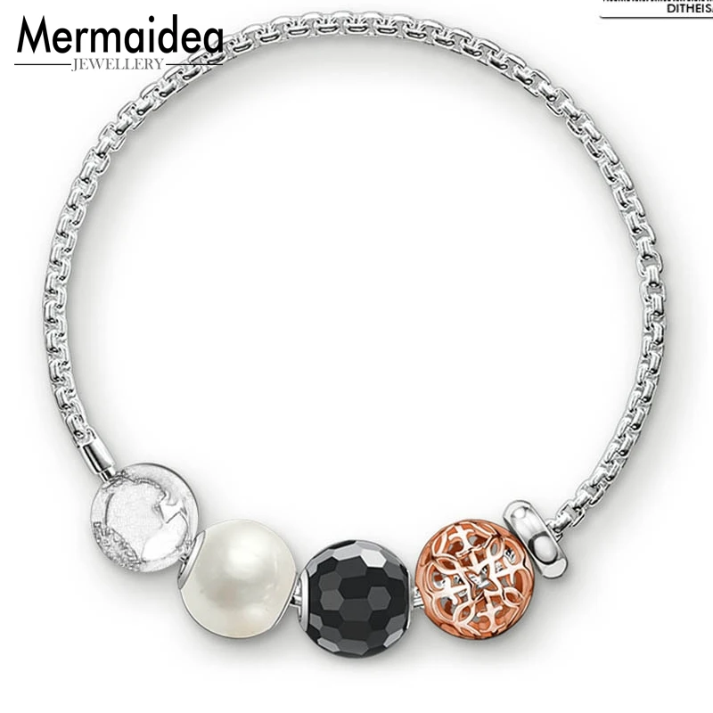 

Link Chain Bracelets Pearl Arabesque Bead Karma with 925 Sterling Silver Chain 2019 Fashion Jewelry Trendy Gift for Women Girls