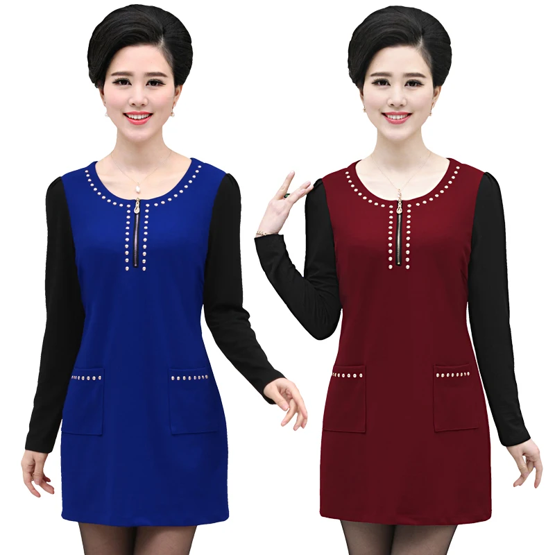 

1xl-4xl long sleeve dresses spring fall korean middle age mother dress plus size women o-neck patchwork black pocket dress