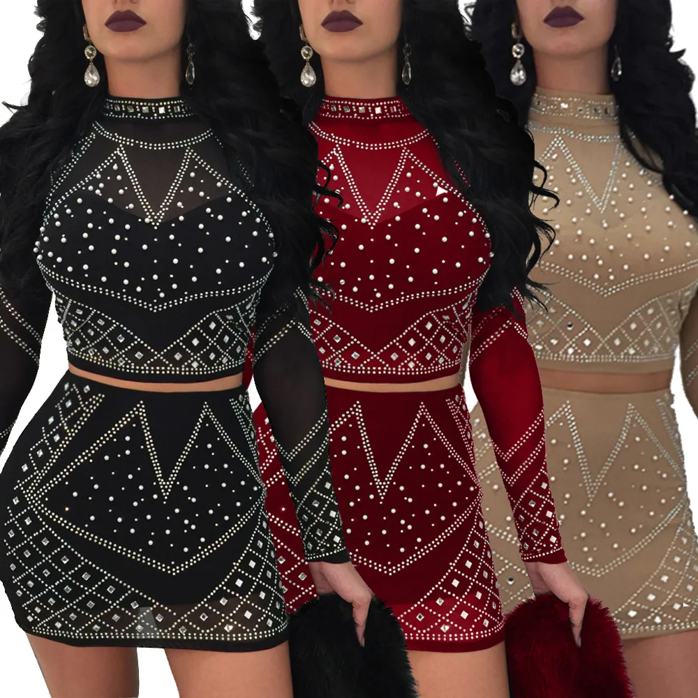 

None O-neck Full Cotton And Summer 2019 Nightclub Europe America Two-piece Fashion Long-sleeved Diamond-studded Bag Hip Set