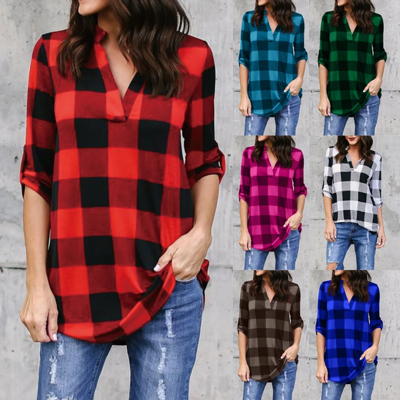 Comerciante itinerante cómo utilizar Radar Blusa informal a cuadros para mujer, camisa de media manga de talla grande,  5 colores, 2019|Blusas y camisas| - AliExpress