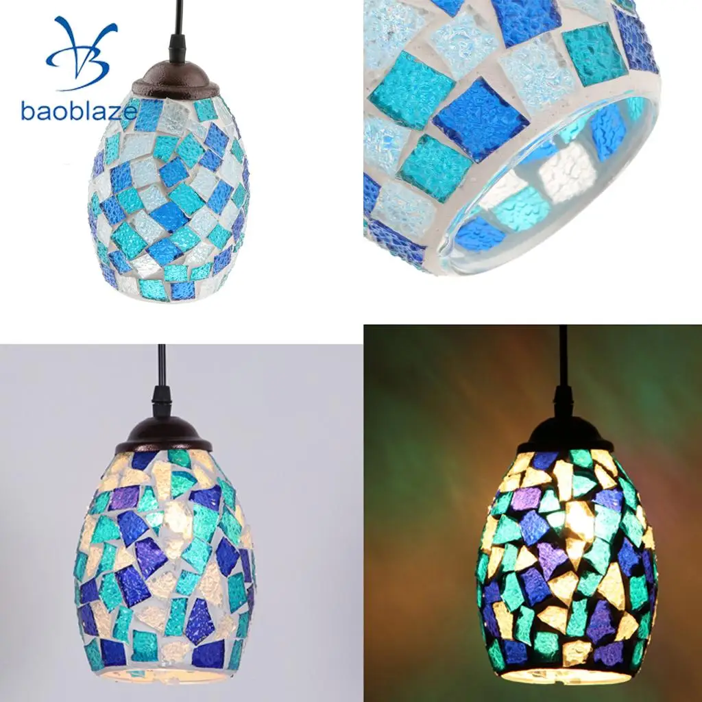 Vintage Retro Mosaic Style Multicolour Pendant Light Bulb Cage Ceiling Hanging Lampshade Home Bar Cafe Restaurant Decoration