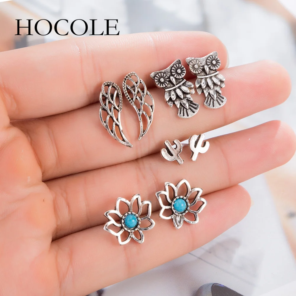 

HOCOLE 4 Pairs/Set Vintage Silver Color Flower Owl Wing Cactus Stud Earrings Set for Women 2018 Bohemian Studs Earring Brincos