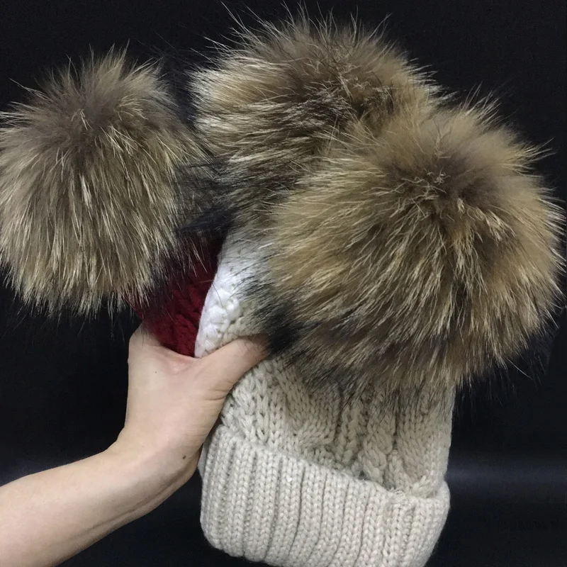 2022 Women's hats Add velvet Fleece Inside Beanies Winter Hats for women 100% Raccoon Fur Pompom Hat Female Twist pattern caps 4