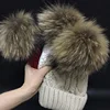 2022 Women's hats Add velvet Fleece Inside Beanies Winter Hats for women 100% Raccoon Fur Pompom Hat Female Twist pattern caps 4