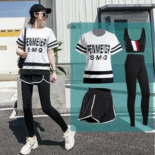 Комплект спортивной одежды для йоги 4 в 1 с буквенным принтом на весну и лето футболка+ бюстгальтер+ шорты+ леггинсы спортивный беговой костюм