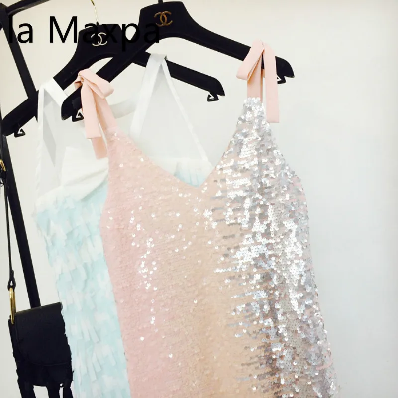 Новинка Градиент блесток Bodycon платье ремень Sexy v образным вырезом золотыми