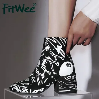 

FITWEE Women Ankle Boots Fashion Print Square Heels Shoes Autumn Winter Warm Daily Boots Zipper Shoes Women Plus Size 35-45