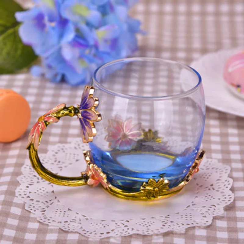 Новое поступление роскошное эмалированное Хрустальное стекло розы термостойкая бутылка для чая поставляется с ложкой Чай Молоко Кружка свадьба посуда для напитков DA - Цвет: Style1 330ml