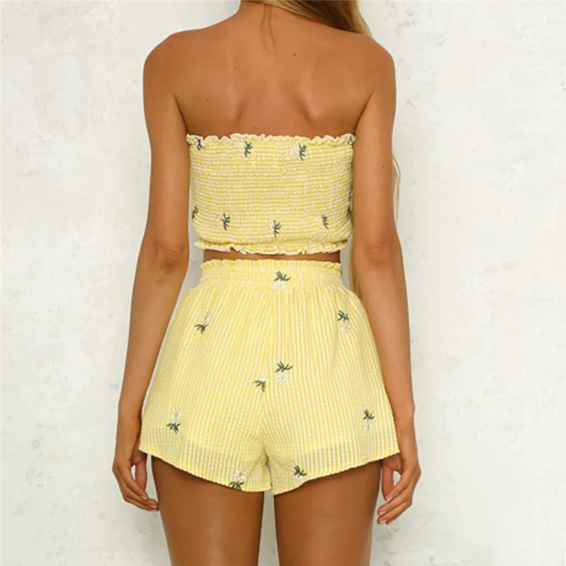 Feitong Fashion Women Girls Set Floral Print Off Shoulder Vest Tank Tops Mini Shorts Bandage Pants Set Summer Beach Suit 3D07 (5)