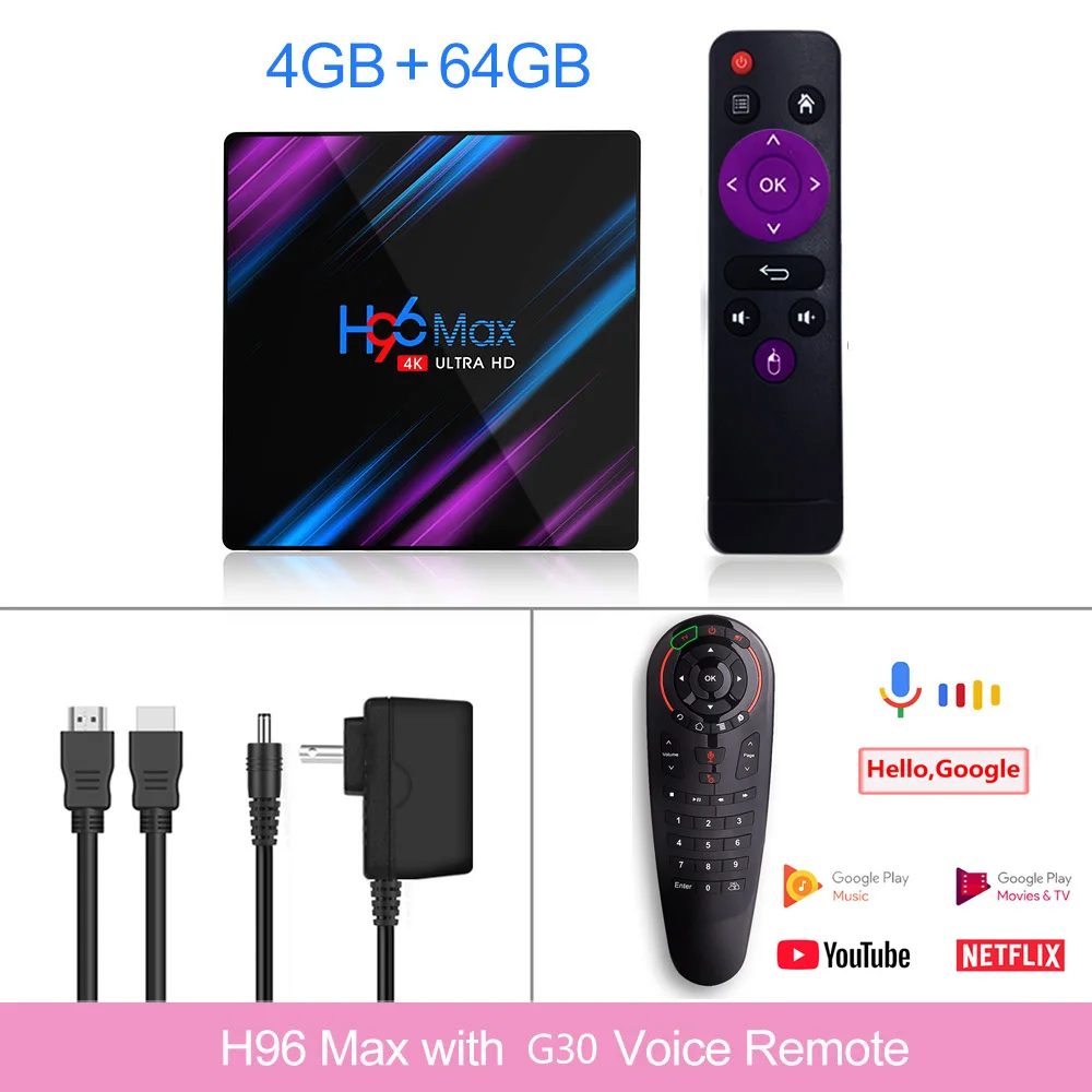H96 MAX RK3318 4K Smart tv Box Android 9,0 Android tv BOX 4 Гб ram 64 Гб rom медиаплеер H96MAX 2G 16G PlayStore Netflix Youtube - Цвет: 4G 64G G30 air mouse