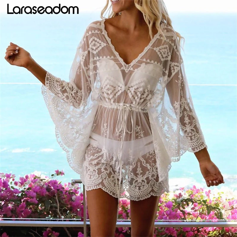 

2019 Lace Beach Pareo Beachwear Swim suit Cover up Playa Pareo Tunics for Beach Tunic Swimwear Women Lace Beach Dress #Z227