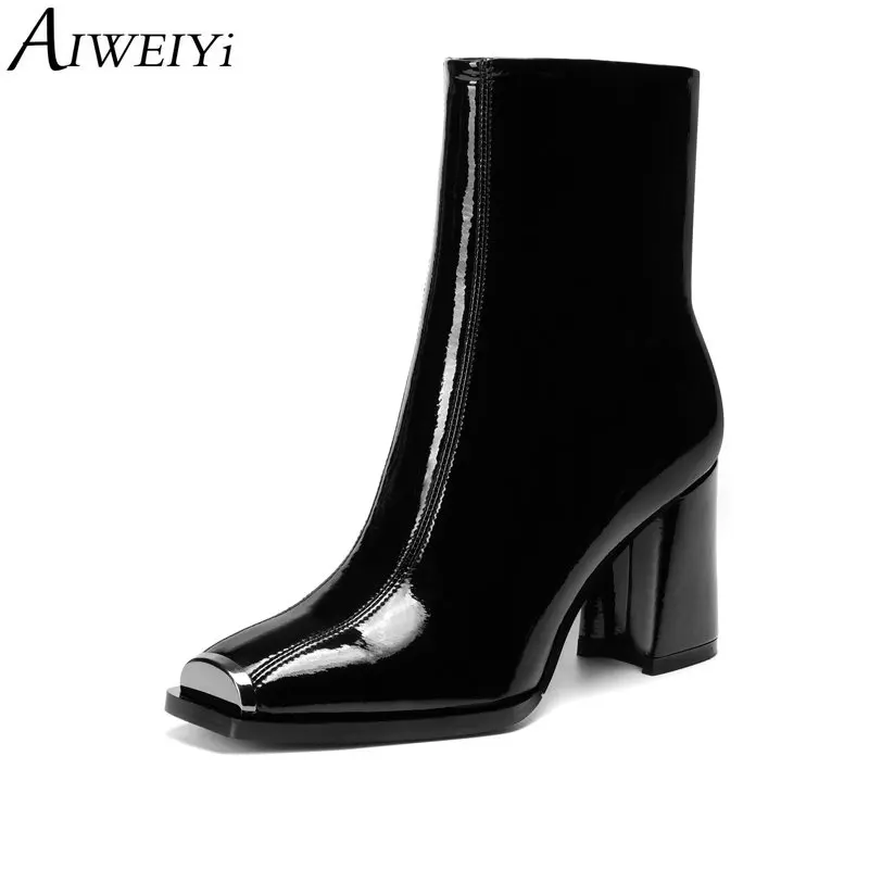 

AIWEIYi Women's Fashion Ankle Boots Patent Leather Square Heel High Heels Black Boots Autumn Winter Short Boots Ladies Shoes