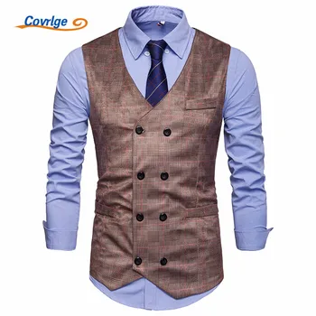 

Covrlge Brand Men's Business Casual Vest High Quality Men's Clothing Men's Casual Plaid High Quality Double Breasted Vest MWX042