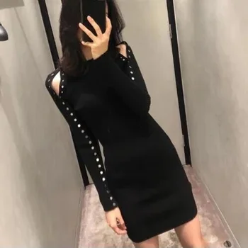 

outfit thin goddess temperament cultivate off-the-shoulder black secret bottons decoration long sleeve knit dress