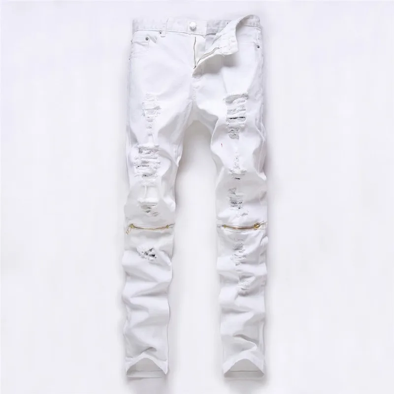 2019 autumn men Casual Denim Pants Classic Cowboys Young hole zipper jeans Slim men trousers Man black red white jeans trousers
