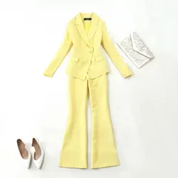 2019 весна новый OL professional костюм женский желтый тонкий костюм колокольчик брюки два комплекта темперамент сплошной цвет дикая женская одежда