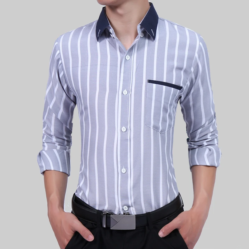 2018 men casual shirt Contrast Vertical Striped Dress Shirts High