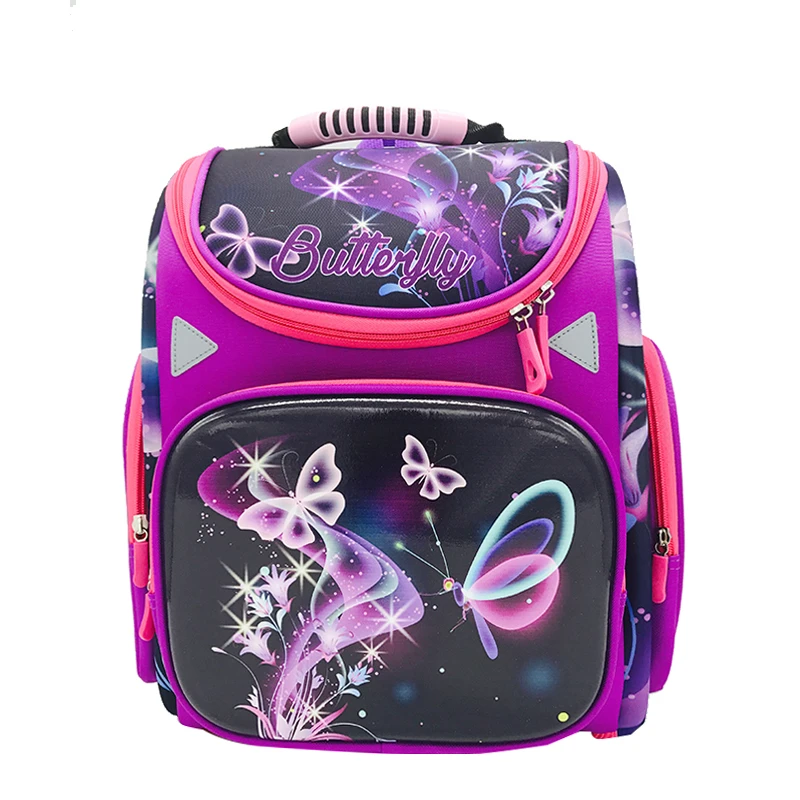 

2019 NEW Fashion Orthopedic Backpack for Children Girl School Bag Purple Butterfly Prints High Quality Waterproof Nylon Book Bag