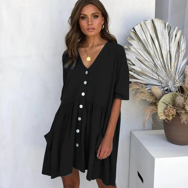 

Women's Summer Black Streetwear Loose Shirt Dress Ladies 2019 Women's Sexy Large Size Beach Dresses Cotton and Linen Clothes