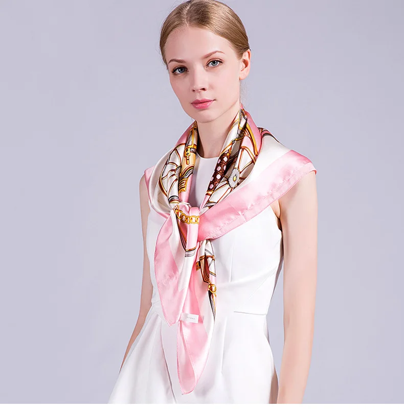 Натуральный шелк женские шарфы с квадратным принтом 90 см x 90 см шарф платок бренд шаль стюардесса стиль шелковый атлас обертывания новинка