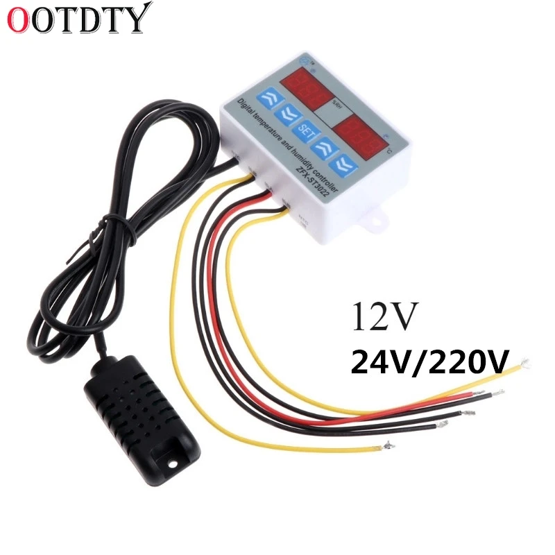 

OOTDTY AC 220V DC 12V/24V/220V 2 in 1 Digital display Temperature humidity Controller thermostat Humidity control with Sensor